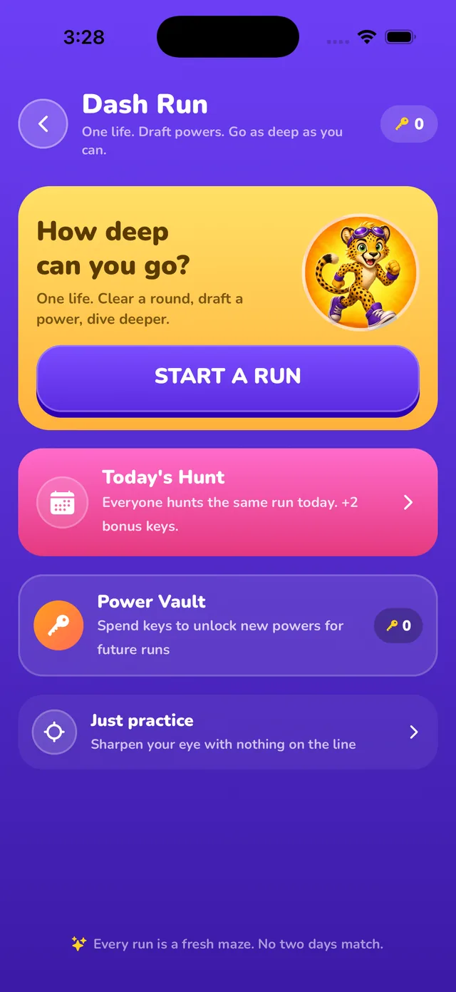 SnapDash Dash Run screen with run depth and the Power Vault
