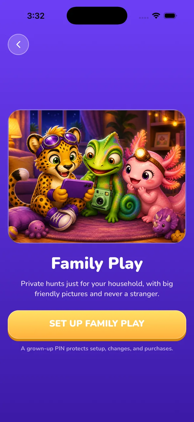 SnapDash Family mode with kid-safe hunts protected by a grown-up PIN