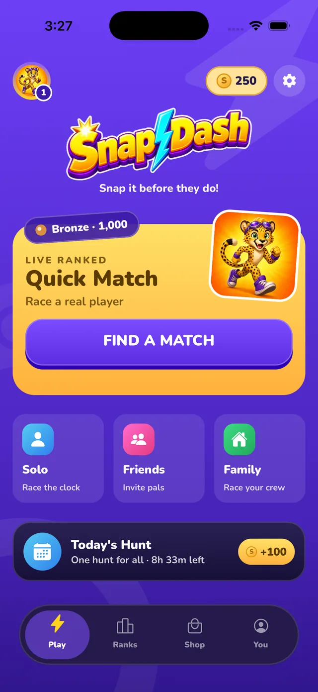 SnapDash home screen with Ranked, Party, Family and Dash Run
