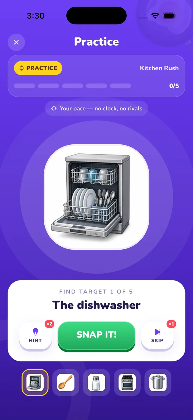 A live SnapDash hunt with the next item to find and the clock running