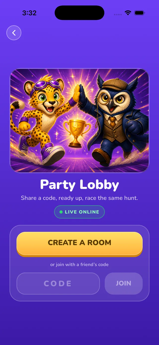 SnapDash party lobby with a 6-letter room code