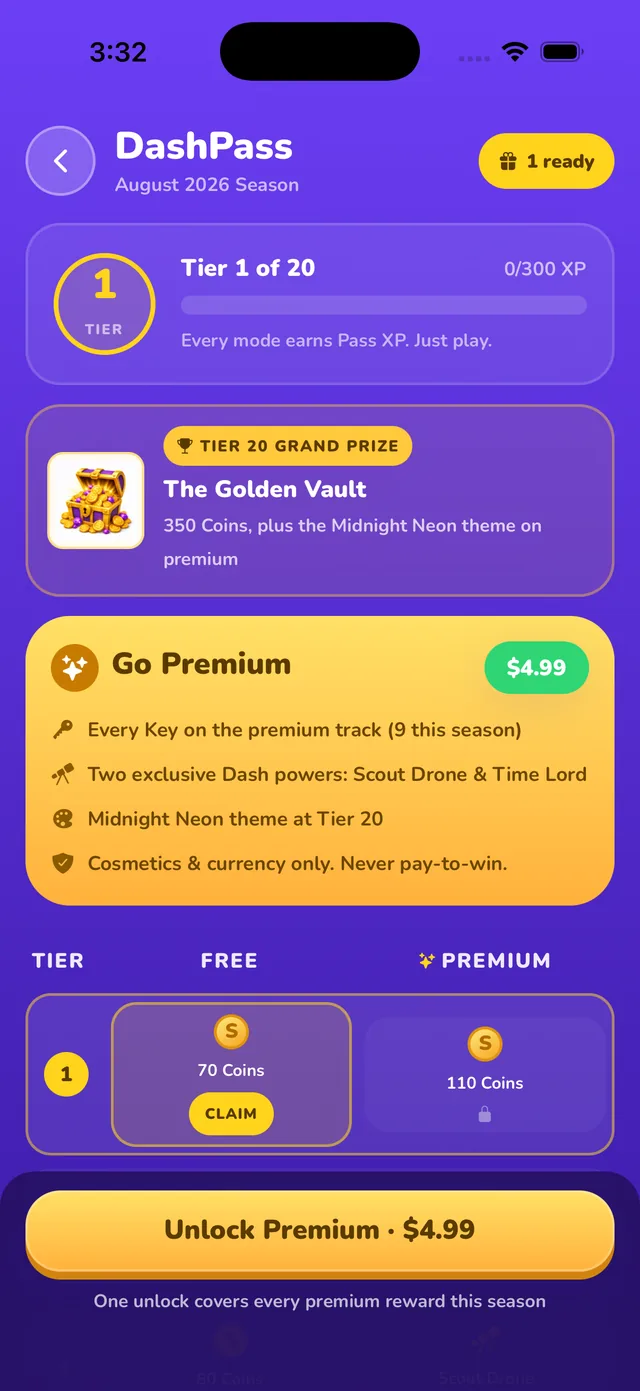 DashPass seasonal reward track with free and premium lanes