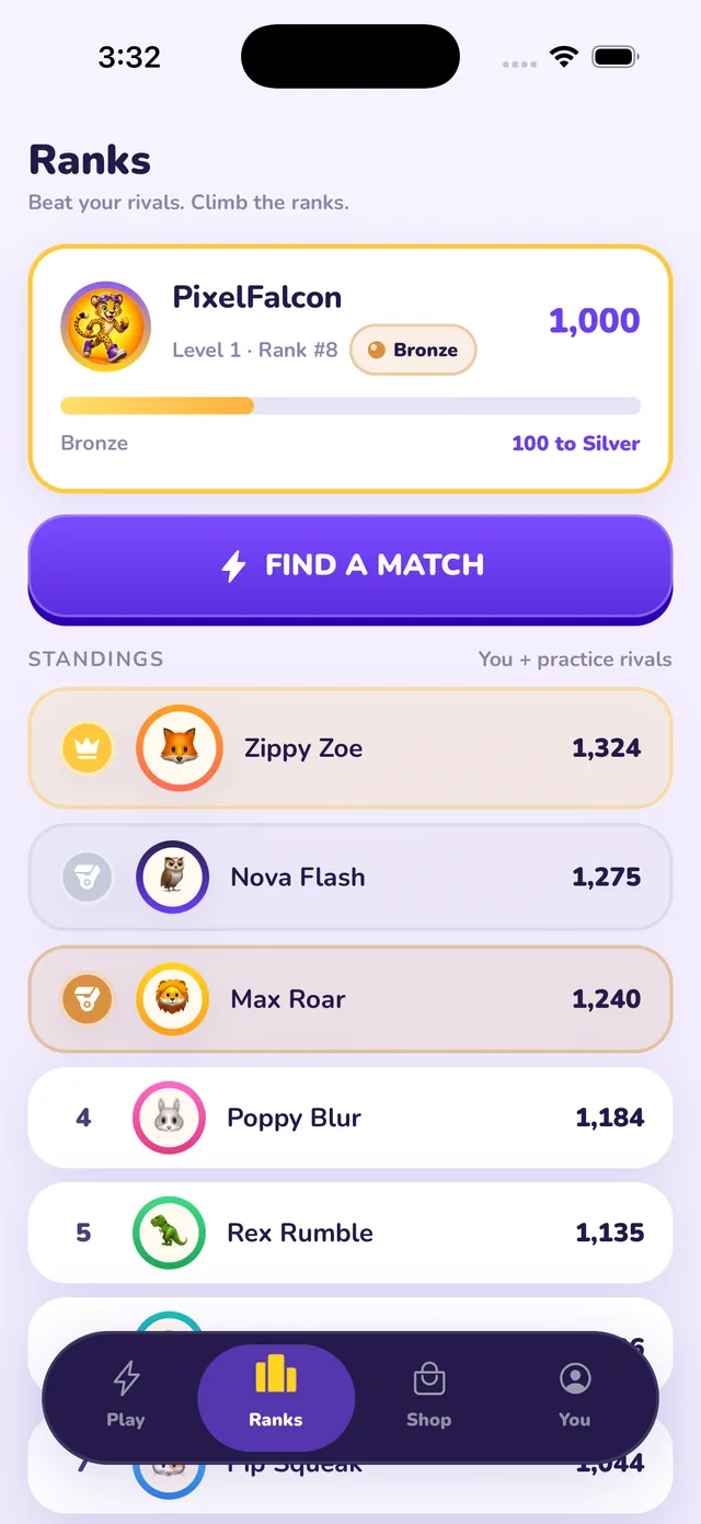 SnapDash Ranked screen with seasonal rank and rating