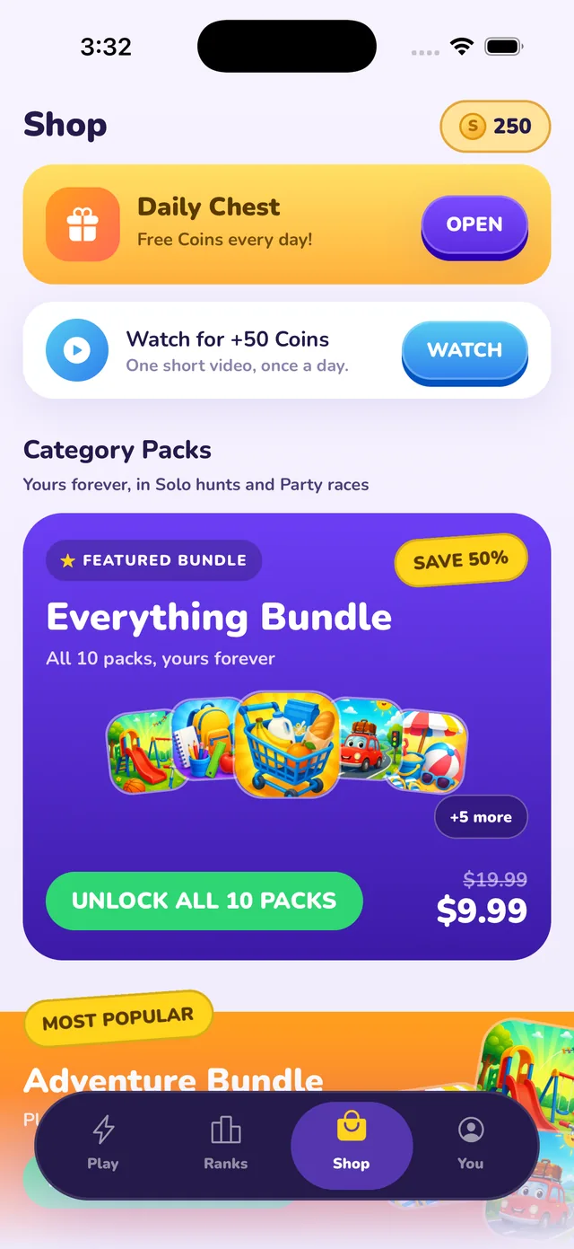 SnapDash shop with world packs and bundles