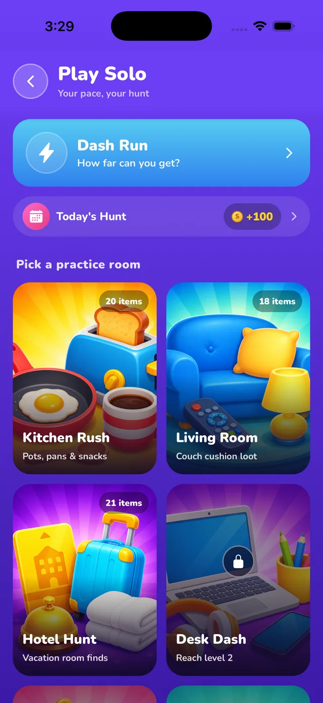 SnapDash world picker showing kitchen, beach, road trip and more
